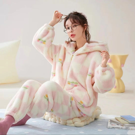 Thick Flannel Warm Loungewear Pajamas Suit