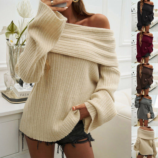 Off-shoulder Knitted Loose Solid Sweater For Women