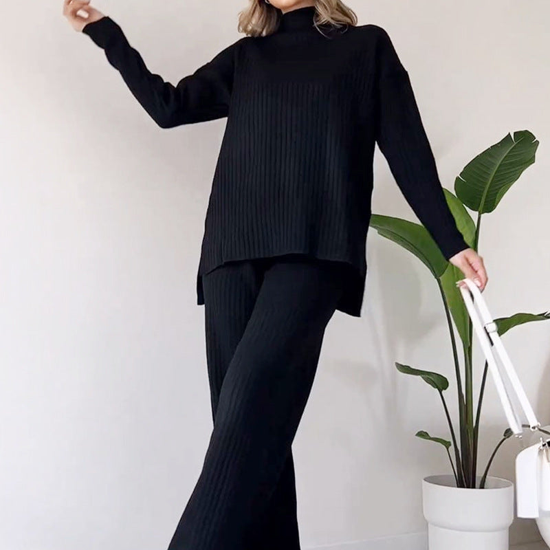 Turtleneck Knitted Top And Straight Trousers Suit