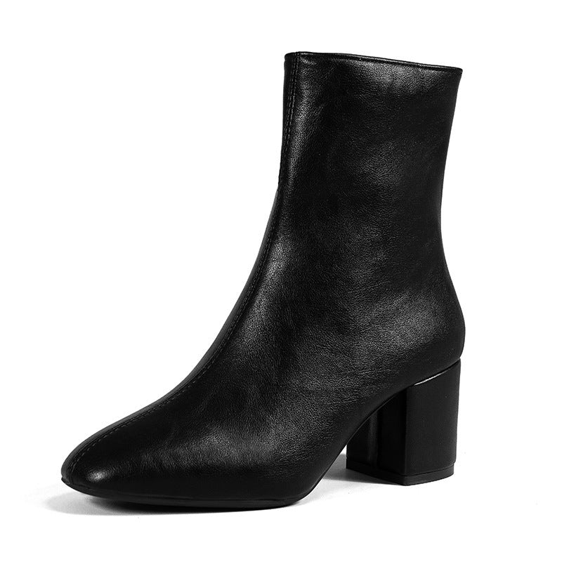 Chunky Heel Pointed Toe Mid-calf Boots With Side Zipper