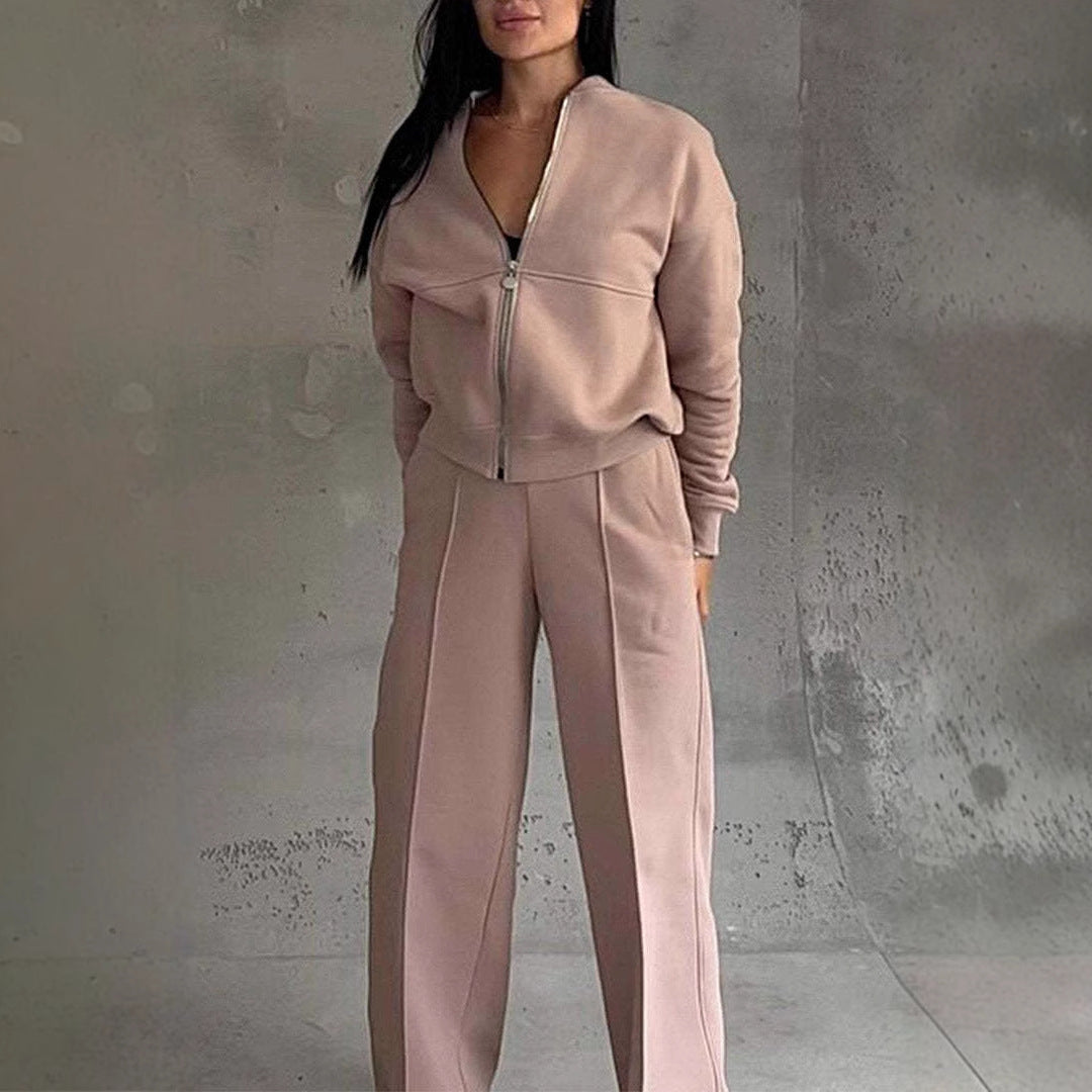 Women's Zipper Sports Suits, Jacket And Wide Leg Pants Two-piece Set.