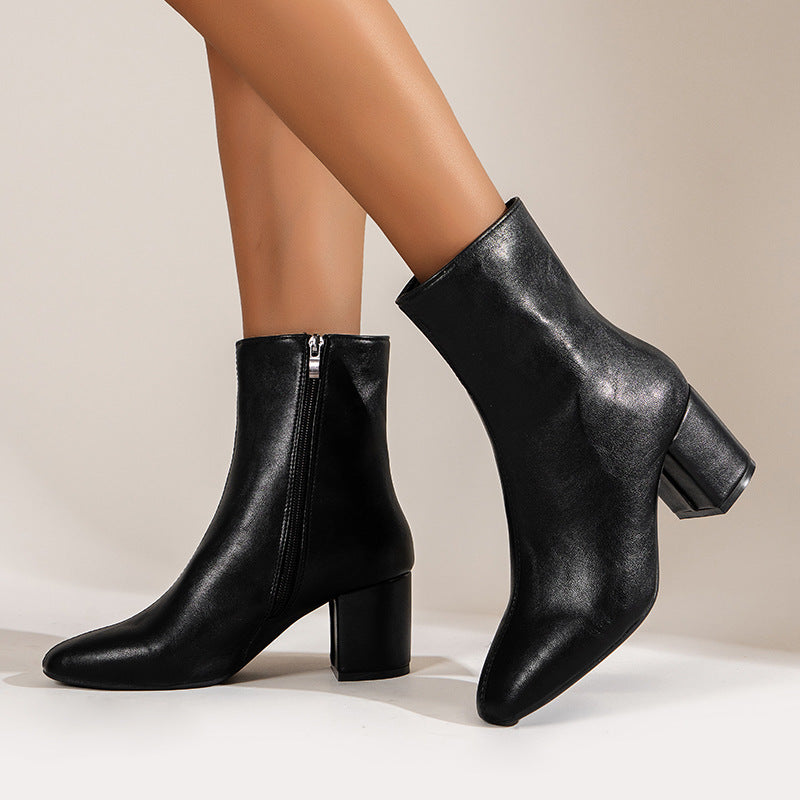 Chunky Heel Pointed Toe Mid-calf Boots With Side Zipper