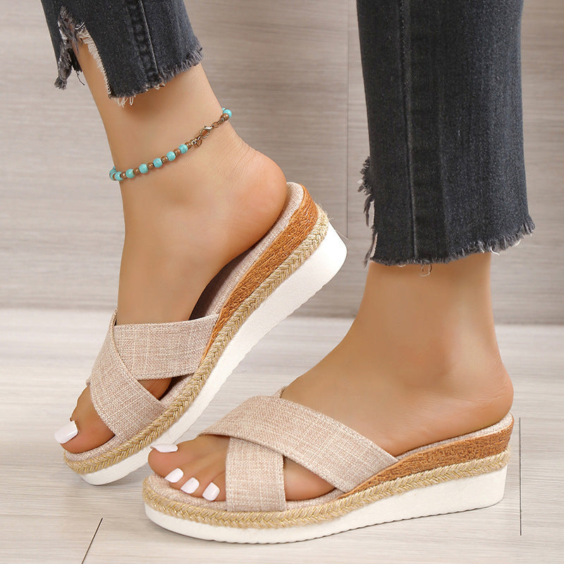 Women's Platform Wedge Cross Belt Slippers