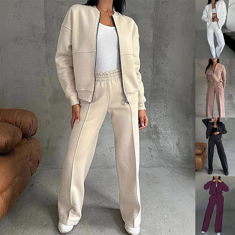 Women's Zipper Sports Suits, Jacket And Wide Leg Pants Two-piece Set.