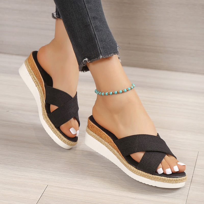 Women's Platform Wedge Cross Belt Slippers