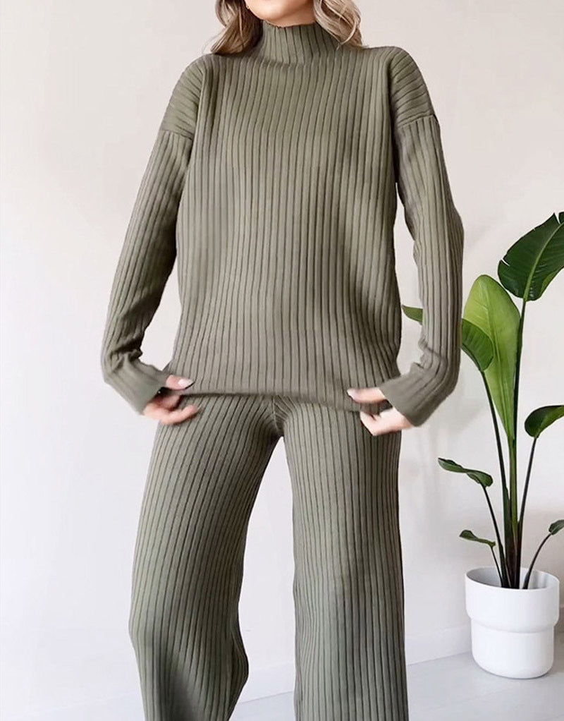 Turtleneck Knitted Top And Straight Trousers Suit