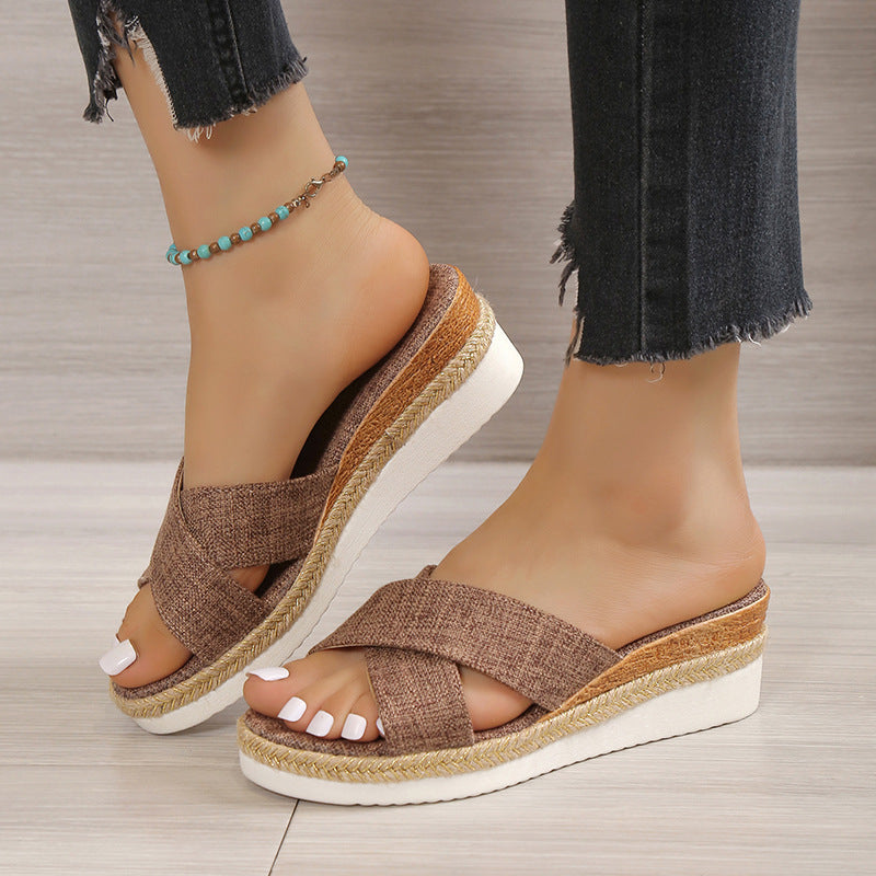 Women's Platform Wedge Cross Belt Slippers