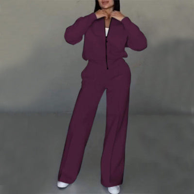 Women's Zipper Sports Suits, Jacket And Wide Leg Pants Two-piece Set.