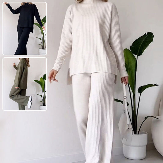 Turtleneck Knitted Top And Straight Trousers Suit