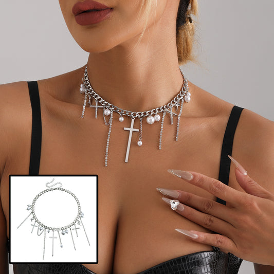 Cross Tassel Pearl Collarbone Chain Necklace