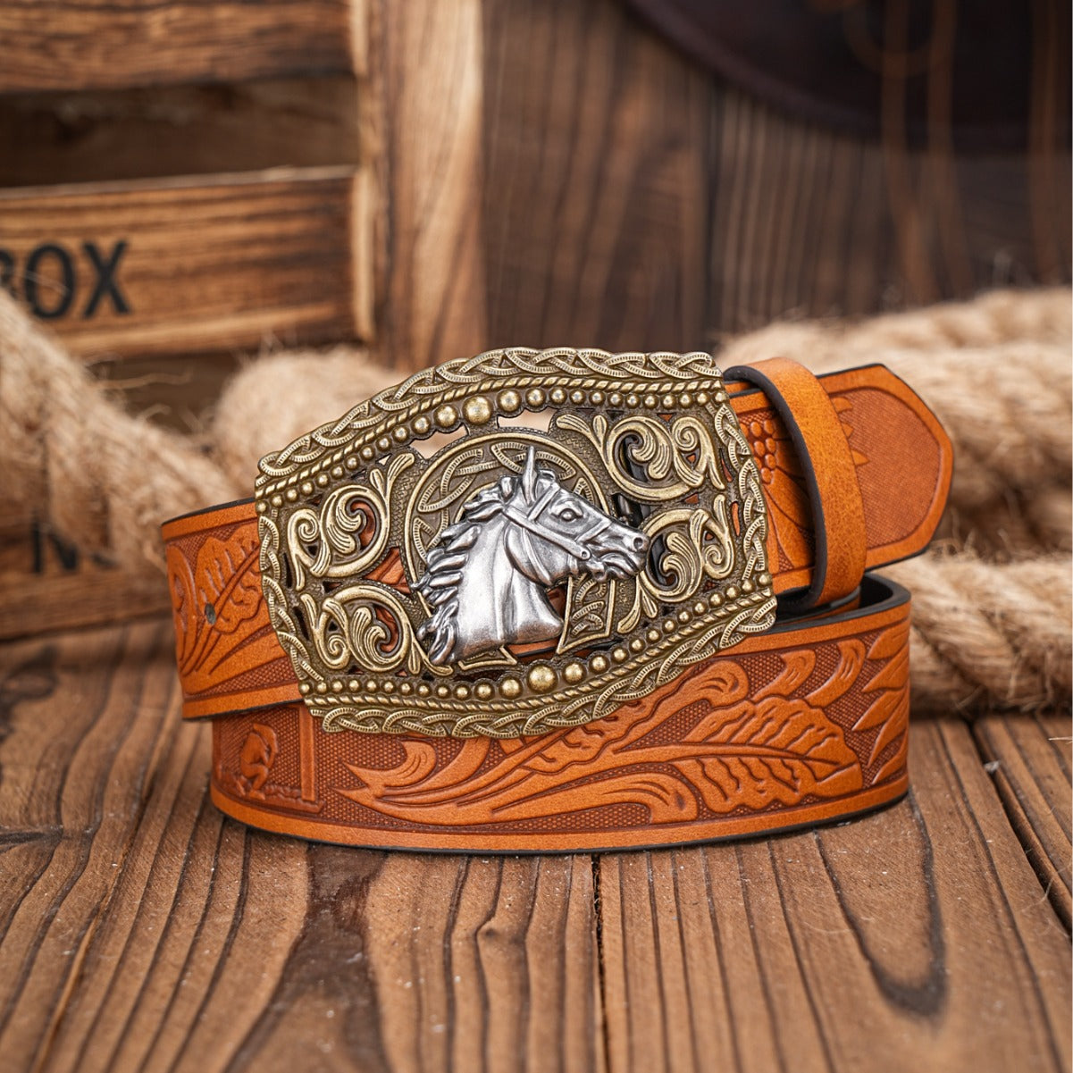 HORSE Carved Retro Western Denim Personality Belt Men