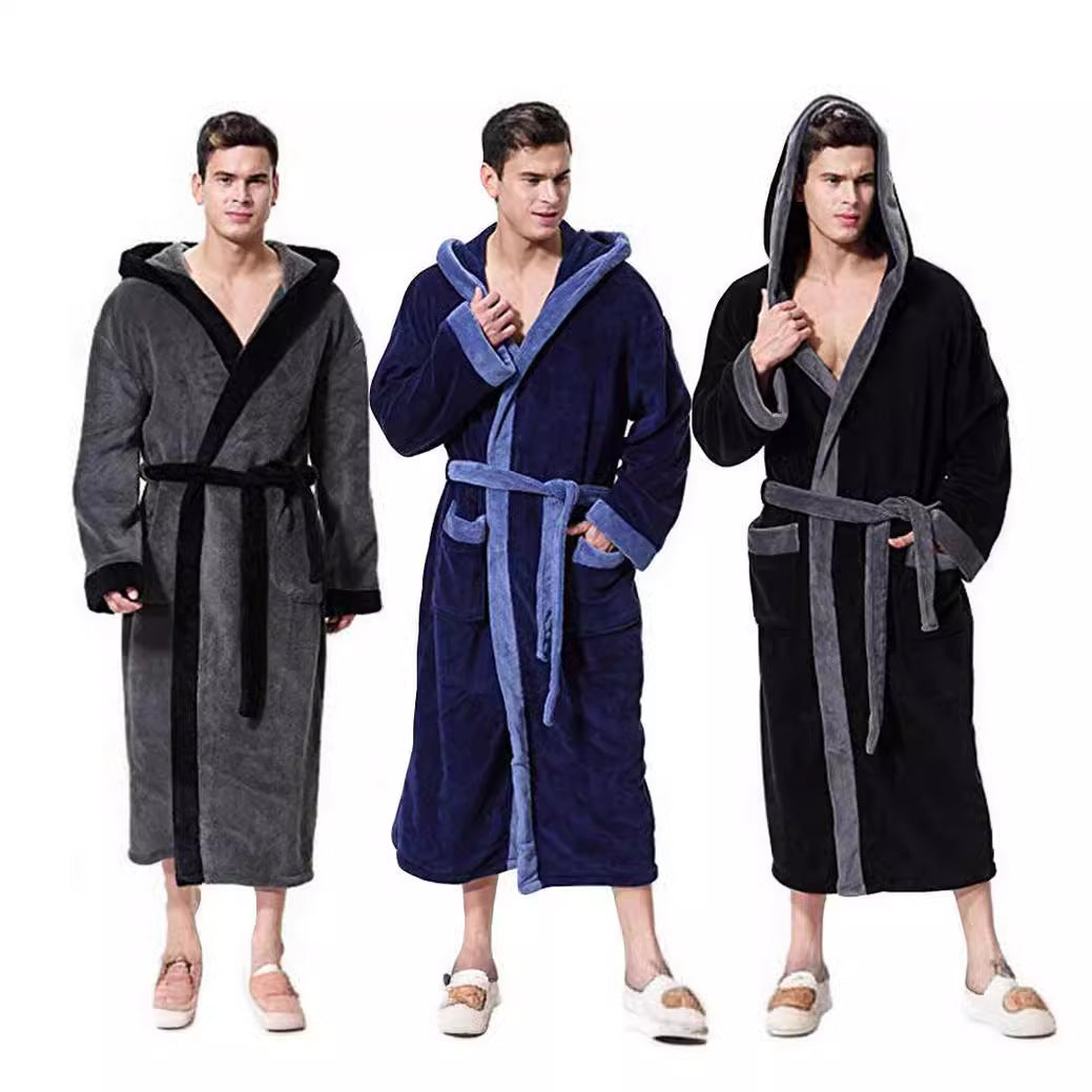 Men's Simple Colorblock Hood Patch Pocket Bathrobe