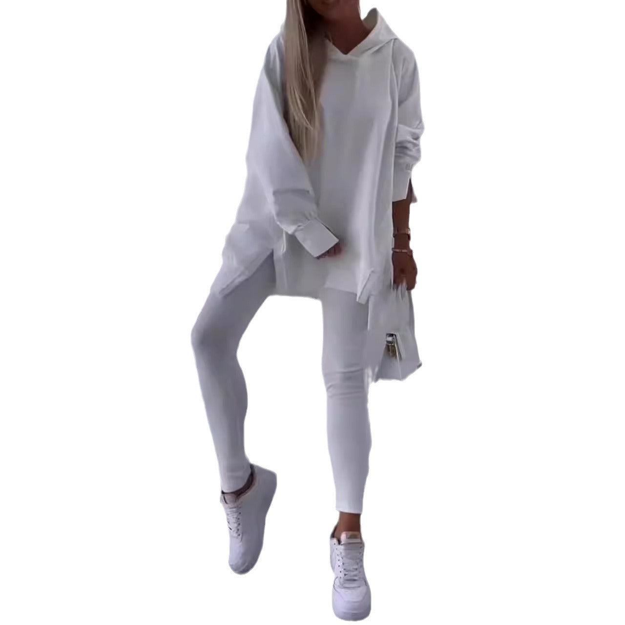 Women's Sports Casual Slit Hooded Sweatshirt Tights Two-piece Set