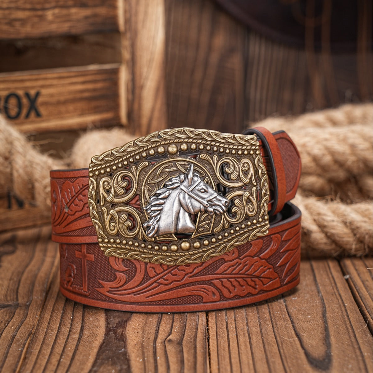 HORSE Carved Retro Western Denim Personality Belt Men