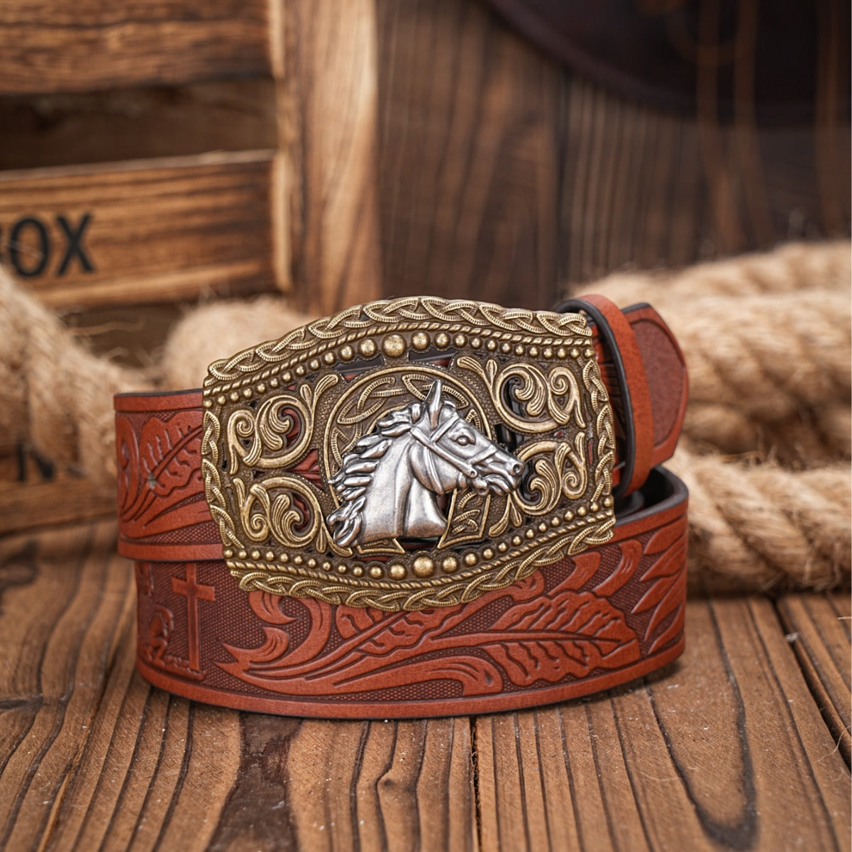 HORSE Carved Retro Western Denim Personality Belt Men