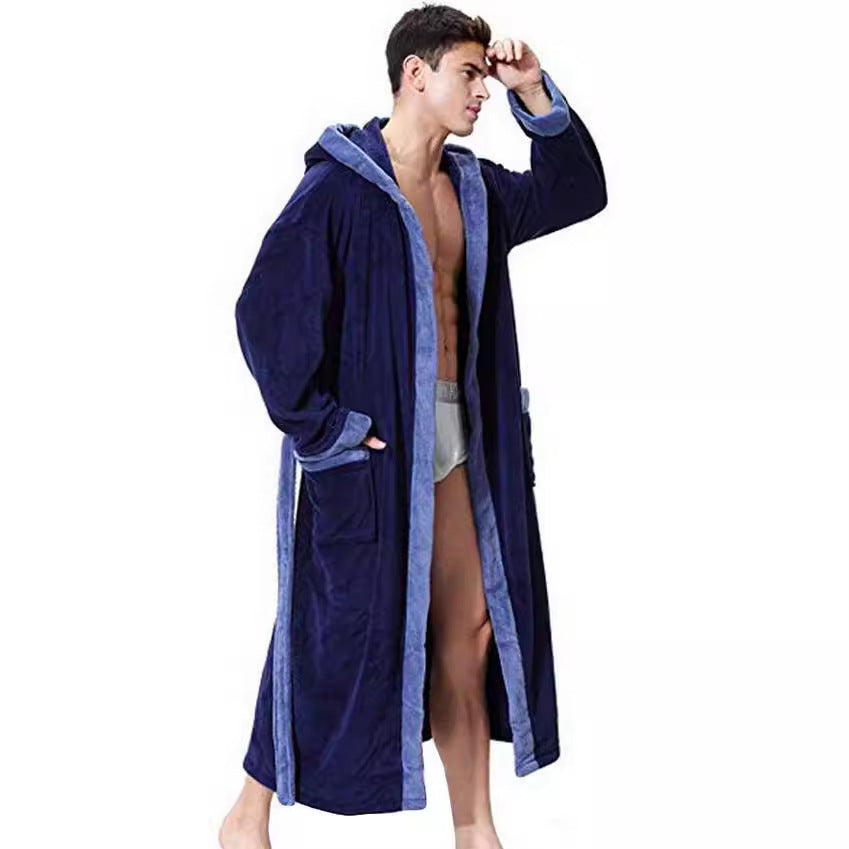 Men's Simple Colorblock Hood Patch Pocket Bathrobe