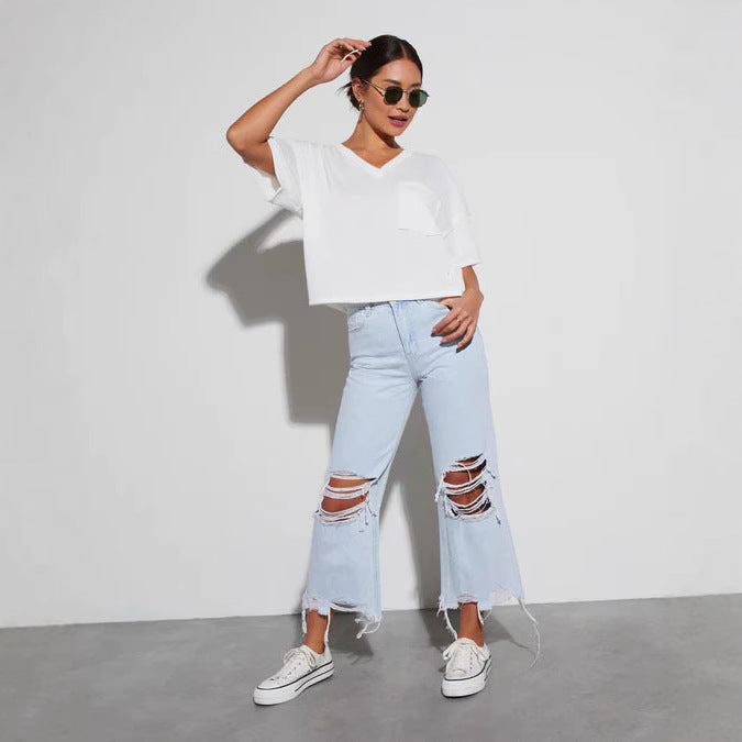 Women's Casual Loose Mid Waist Ripped Cropped Jeans