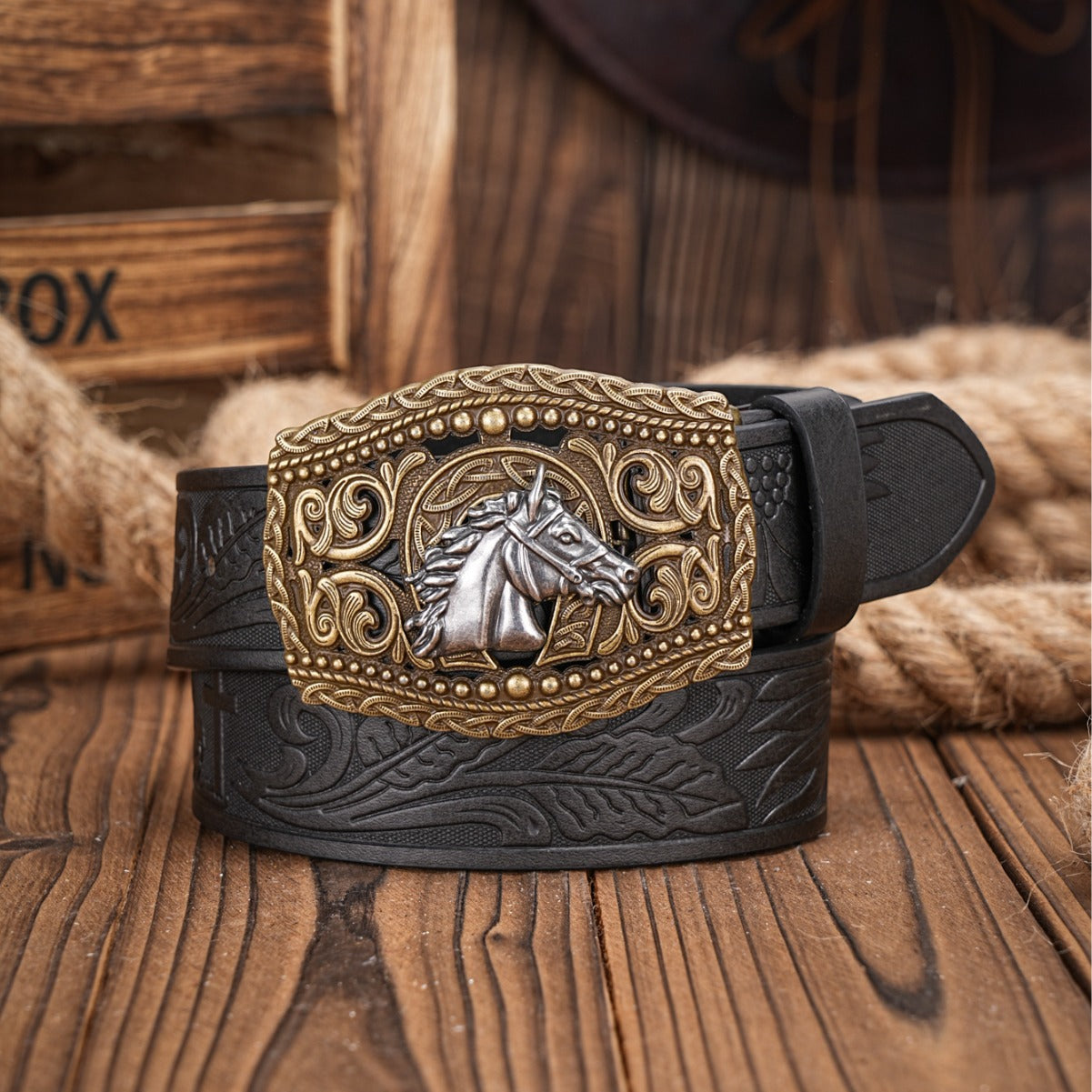 HORSE Carved Retro Western Denim Personality Belt Men