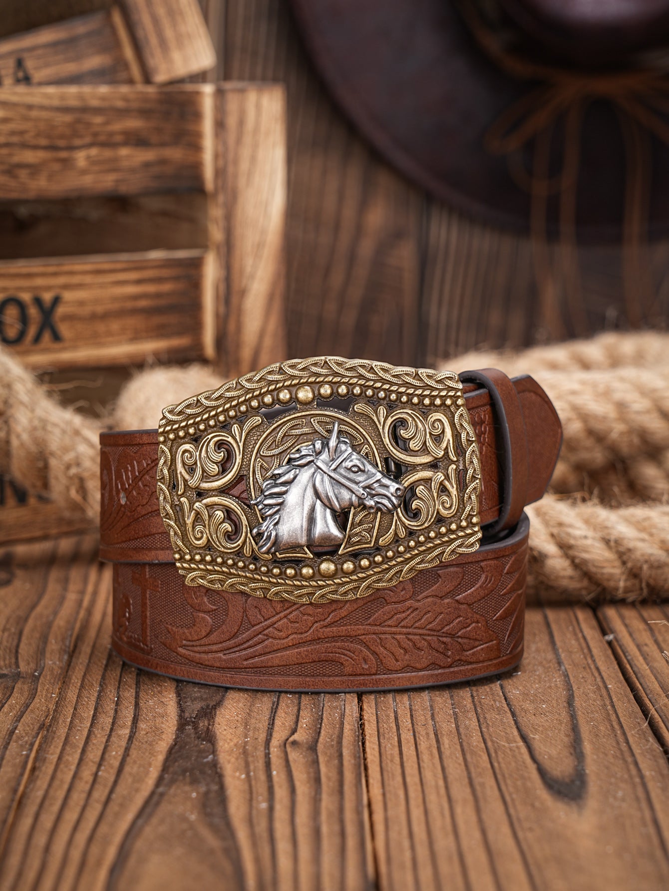 HORSE Carved Retro Western Denim Personality Belt Men