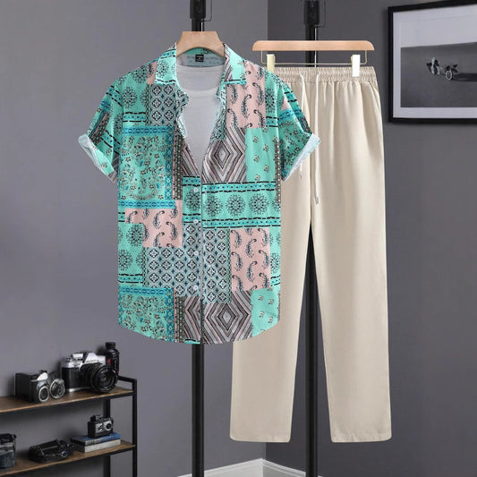 Casual Ethnic Style Short Sleeve Shirt Trousers Suit