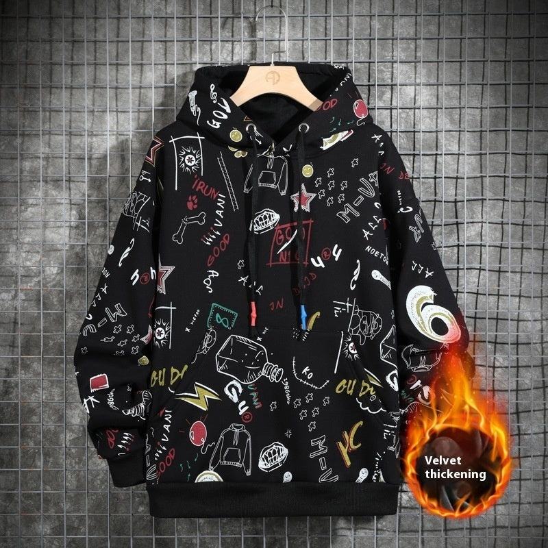 Autumn And Winter Fleece-lined Graffiti Hooded Sweater Men